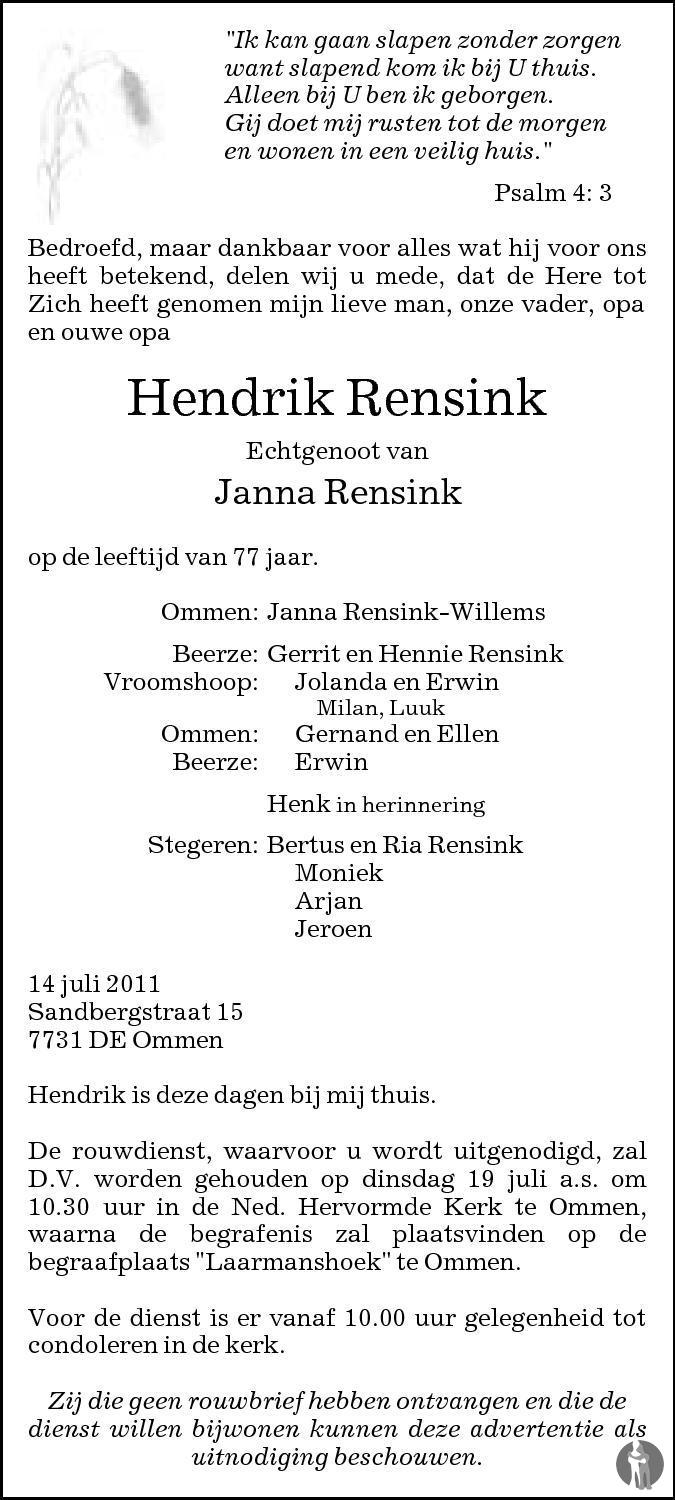 Hendrik Rensink 14-07-2011 overlijdensbericht en condoleances ...