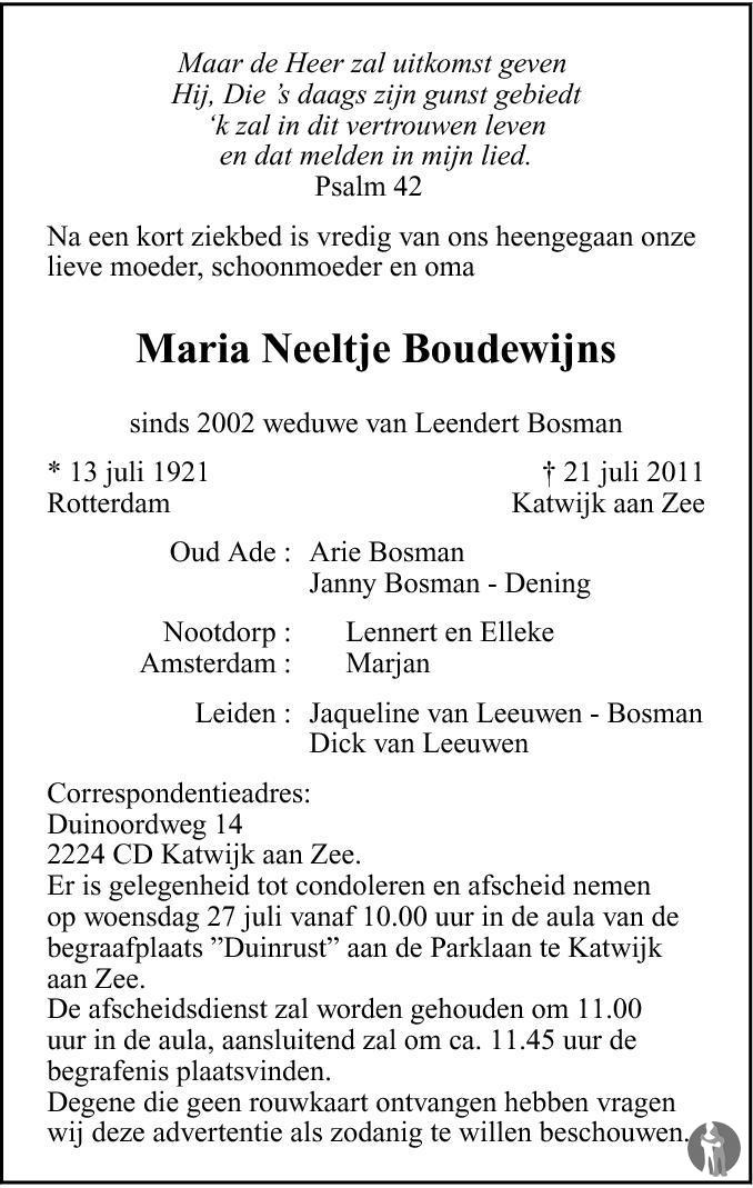 Overlijdensbericht van Maria Neeltje Bosman - Boudewijns in Brabants Dagblad