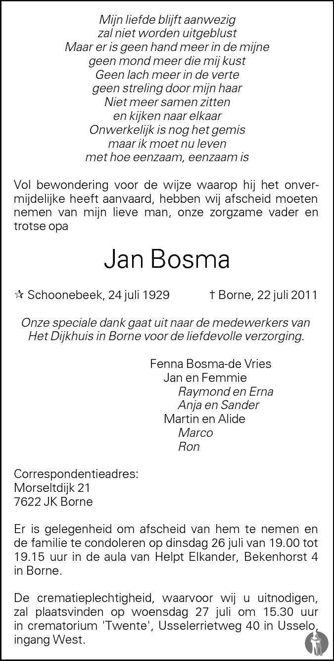 Jan Bosma 22-07-2011 overlijdensbericht en condoleances - Mensenlinq.nl