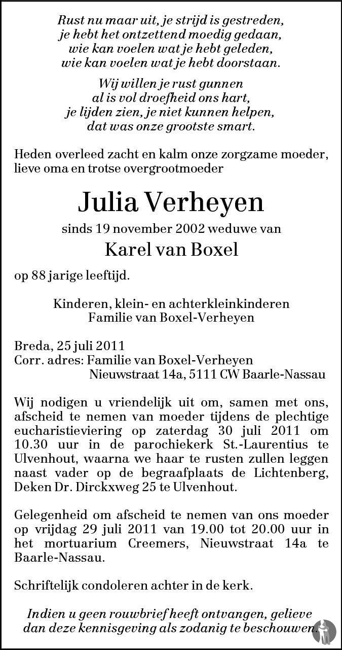 Julia van Boxel - Verheyen 25-07-2011 overlijdensbericht en ...