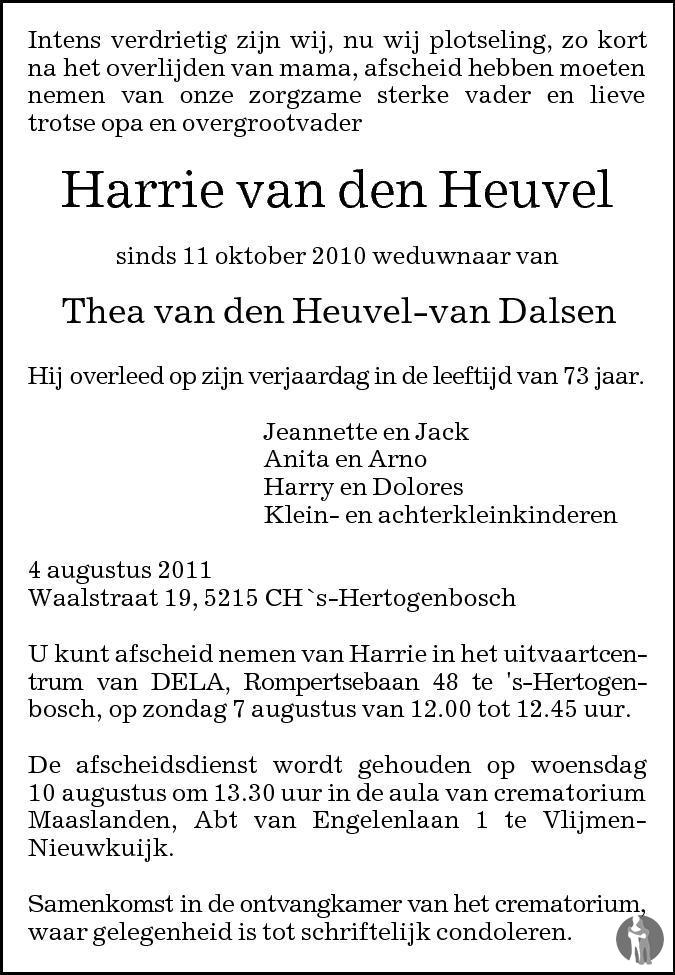 Harrie van den Heuvel 04-08-2011 overlijdensbericht en condoleances ...