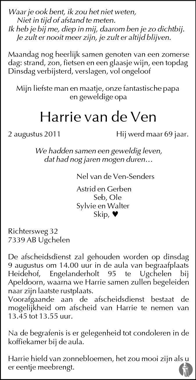 Harrie van de Ven 02-08-2011 overlijdensbericht en condoleances ...