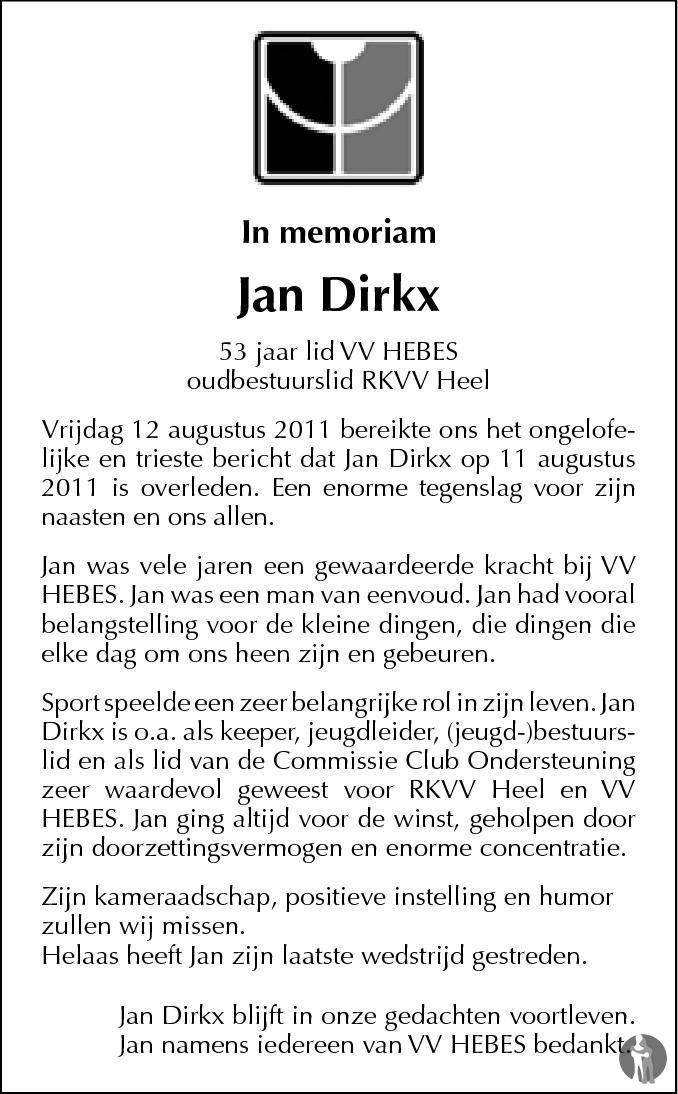 Jan Dirkx 11082011 overlijdensbericht en condoleances Mensenlinq.nl