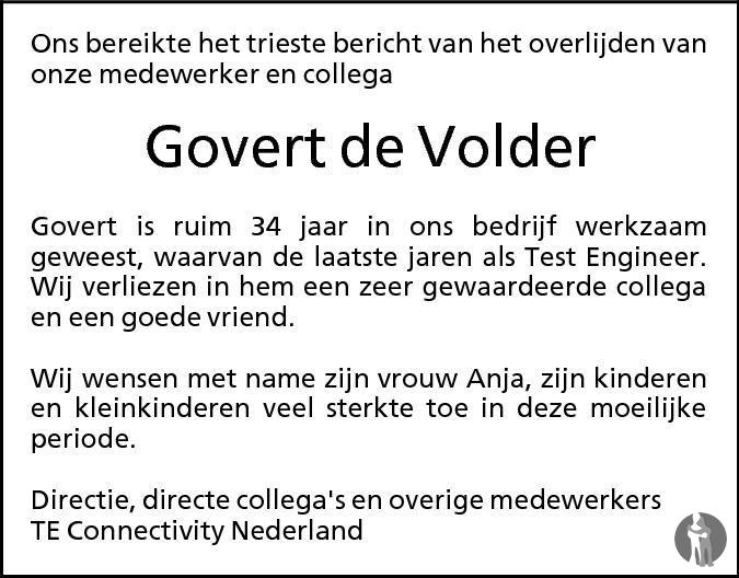 Overlijdensbericht van Govert de Volder in Brabants Dagblad