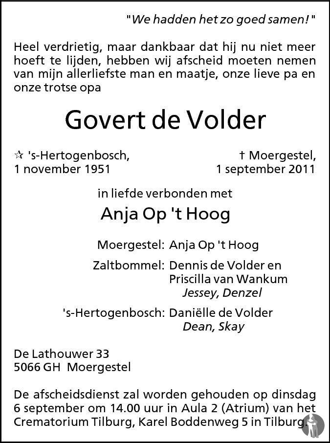Overlijdensbericht van Govert de Volder in Brabants Dagblad