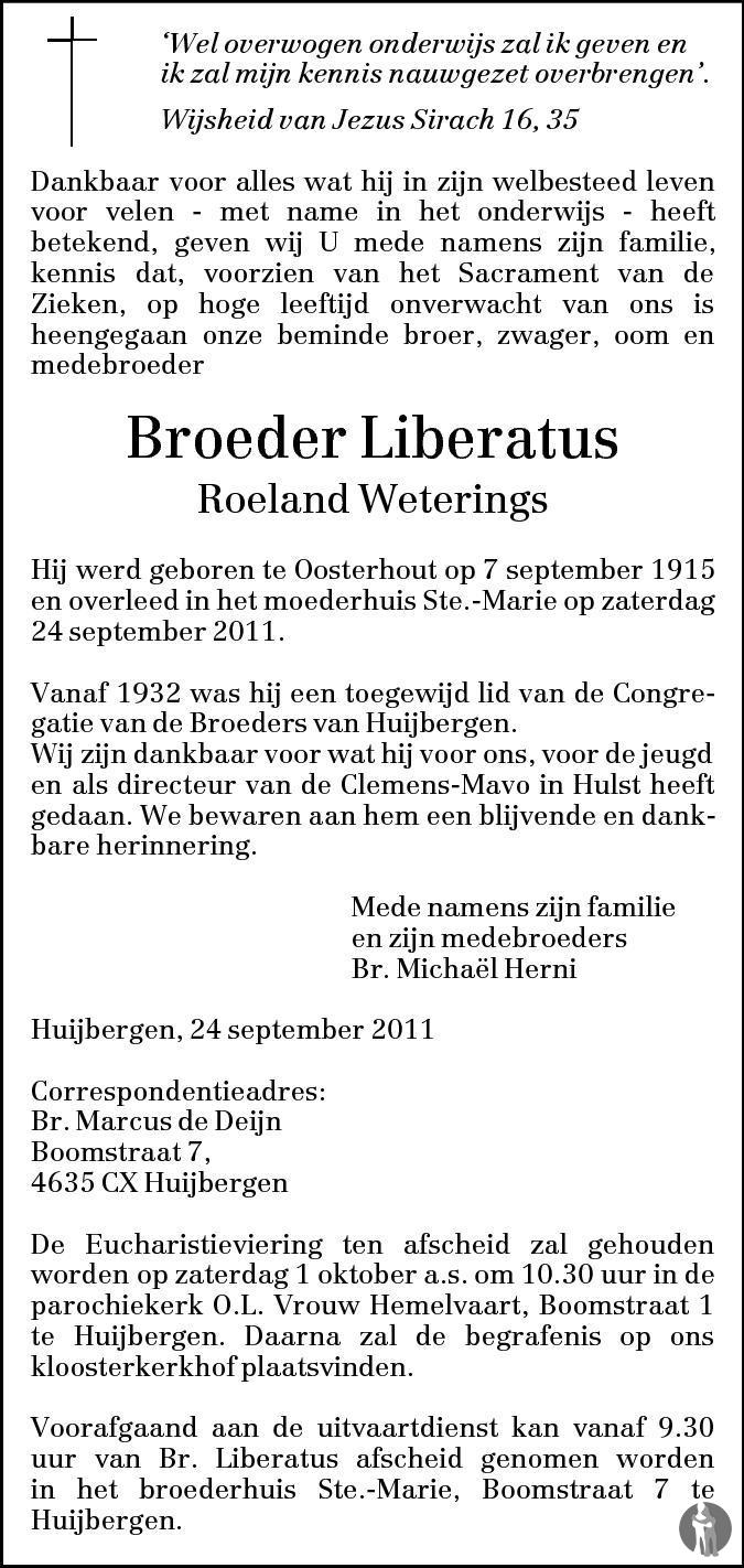 Roeland Broeder Liberatus Weterings 24 09 11 Overlijdensbericht En Condoleances Mensenlinq Nl