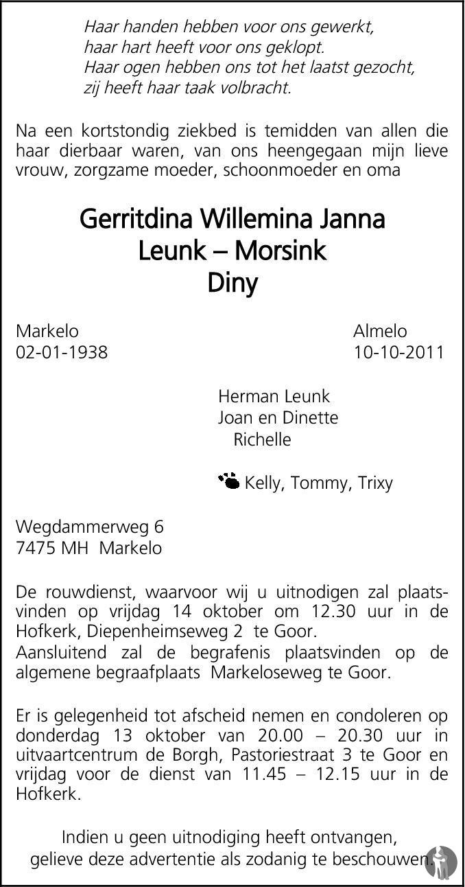 Gerritdina Willemina Janna (Diny) Leunk - Morsink 10-10-2011 ...