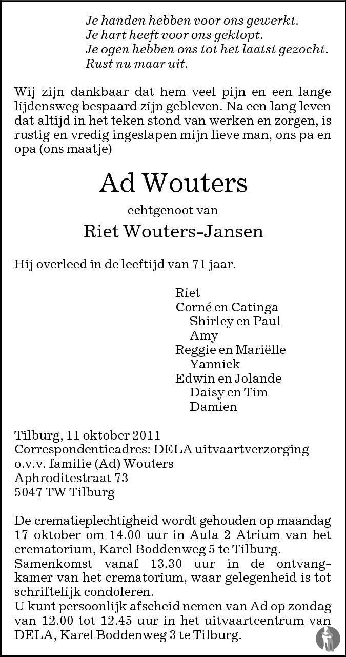 Ad Wouters 11-10-2011 Overlijdensbericht En Condoleances - Mensenlinq.nl