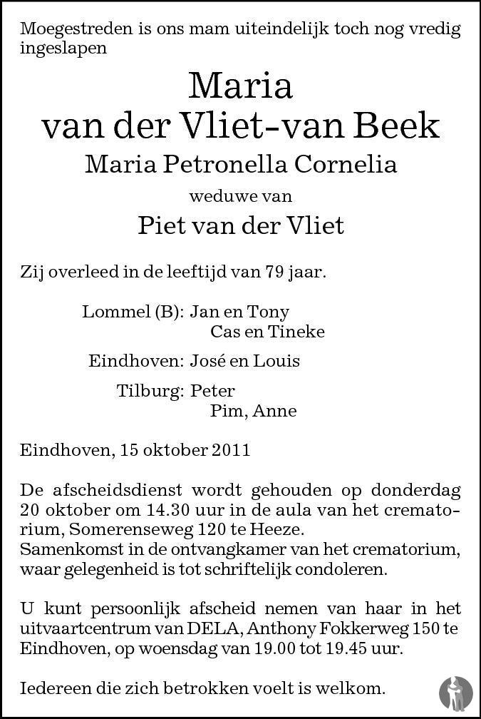 Maria Petronella Cornelia (Maria) van der Vliet van Beek 15102011