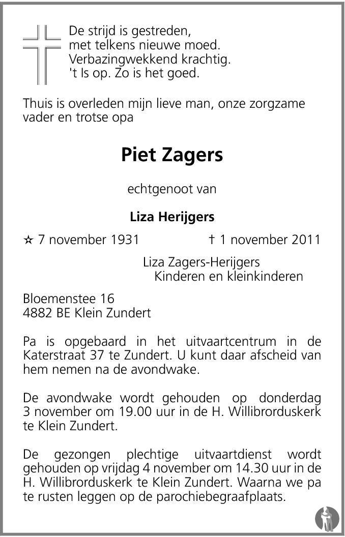 Piet Zagers 01112011 overlijdensbericht en condoleances Mensenlinq.nl