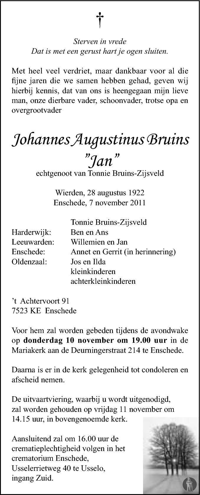 Johannes Augustinus (Jan) Bruins 07112011 overlijdensbericht en