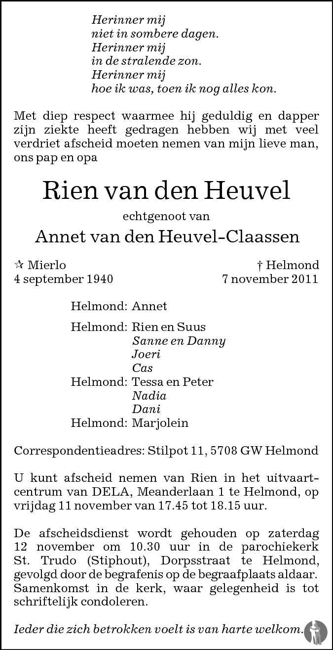 Rien Van Den Heuvel 07-11-2011 Overlijdensbericht En Condoleances 