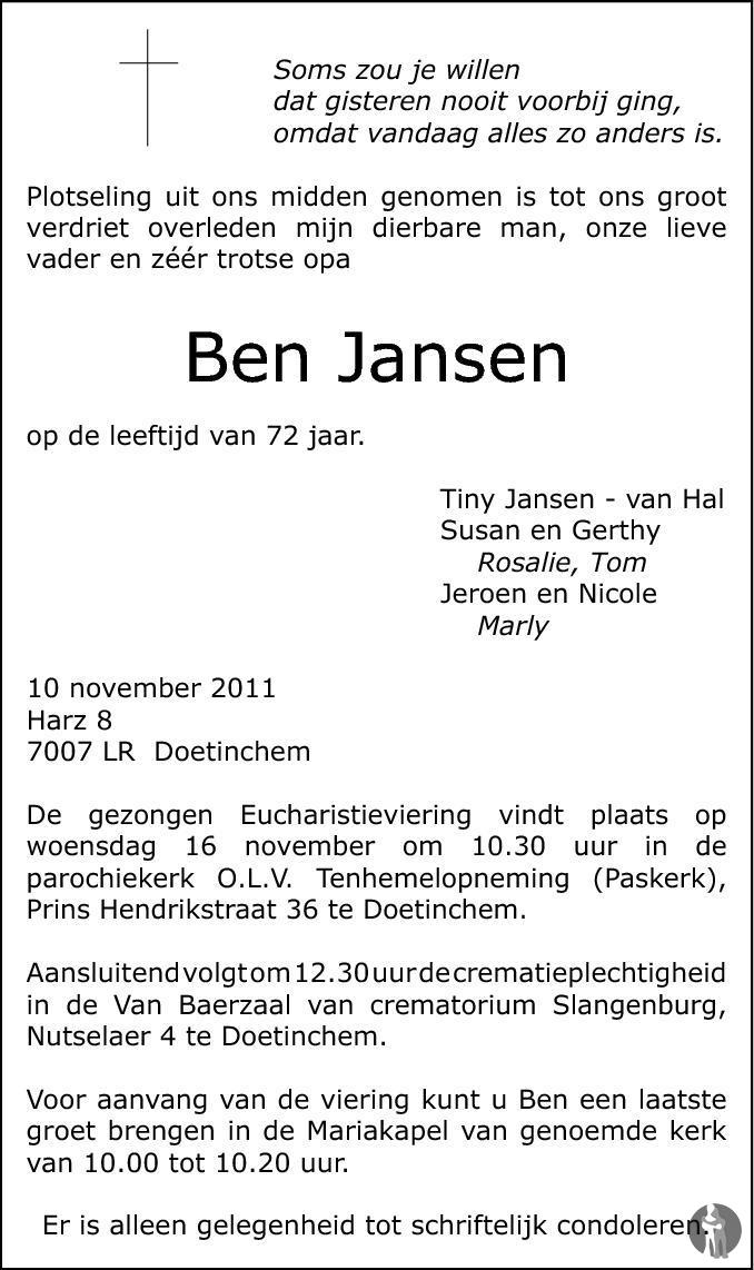 Ben Jansen 10-11-2011 overlijdensbericht en condoleances - Mensenlinq.nl