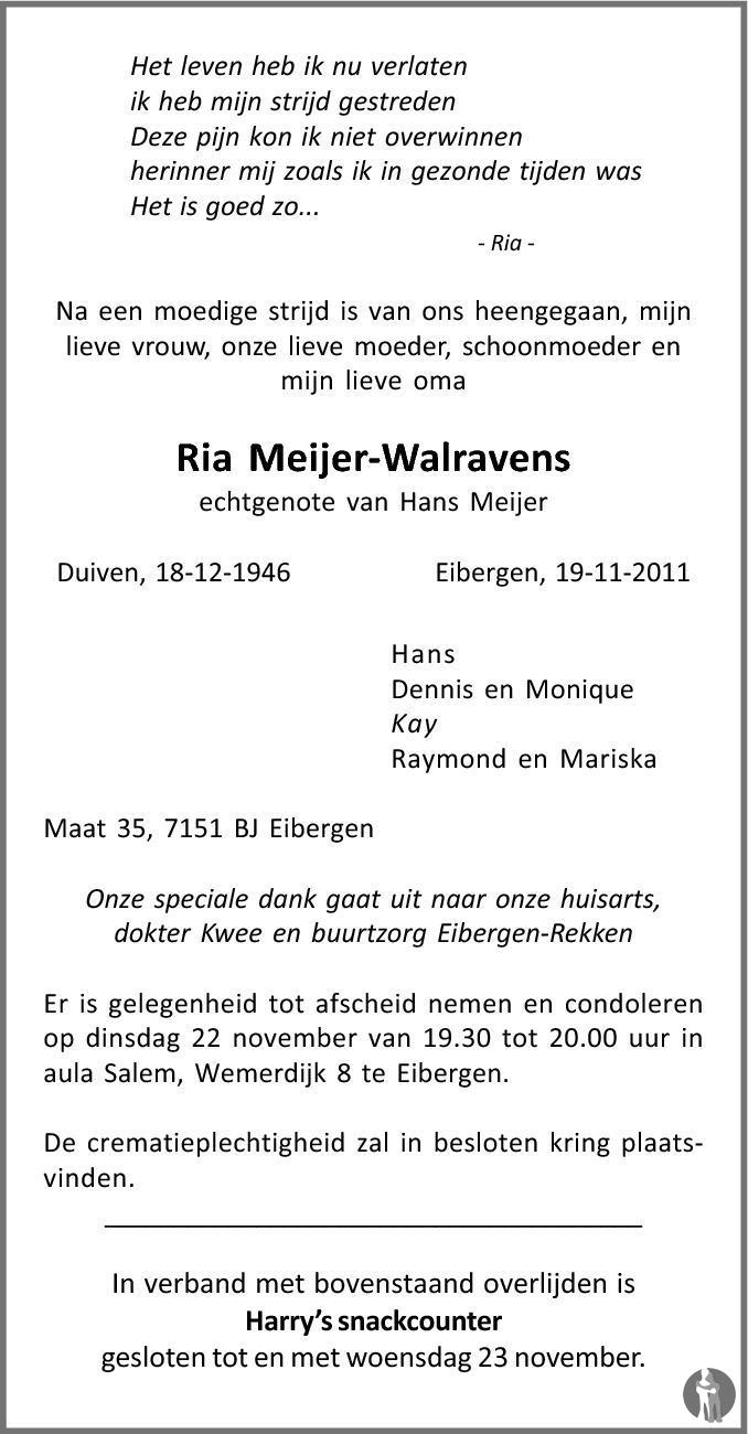 Ria Meijer Walravens 19112011 overlijdensbericht en condoleances