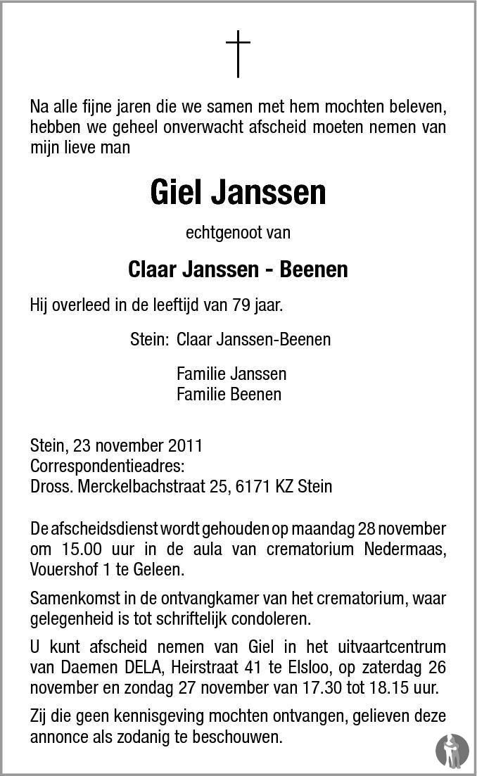 Giel Janssen 23-11-2011 overlijdensbericht en condoleances - Mensenlinq.nl