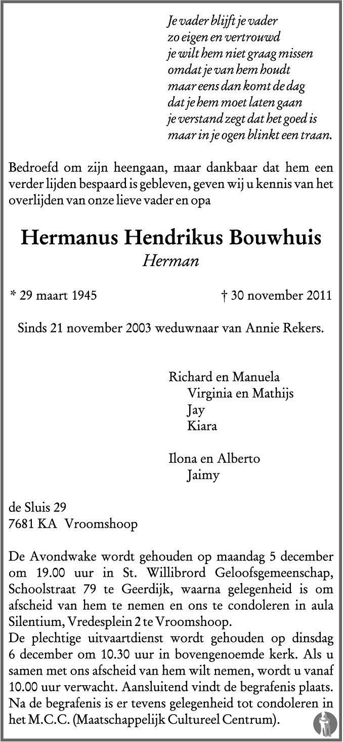 Hermanus Hendrikus Herman Bouwhuis 30 11 2011 Overlijdensbericht En