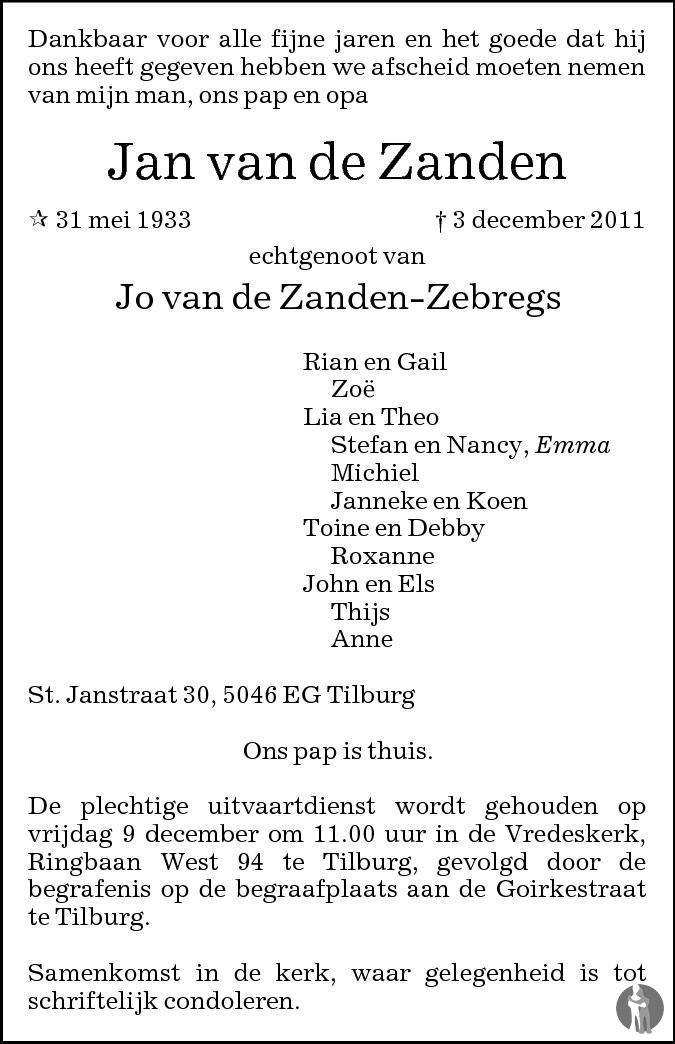 Jan van de Zanden 03-12-2011 overlijdensbericht en condoleances ...