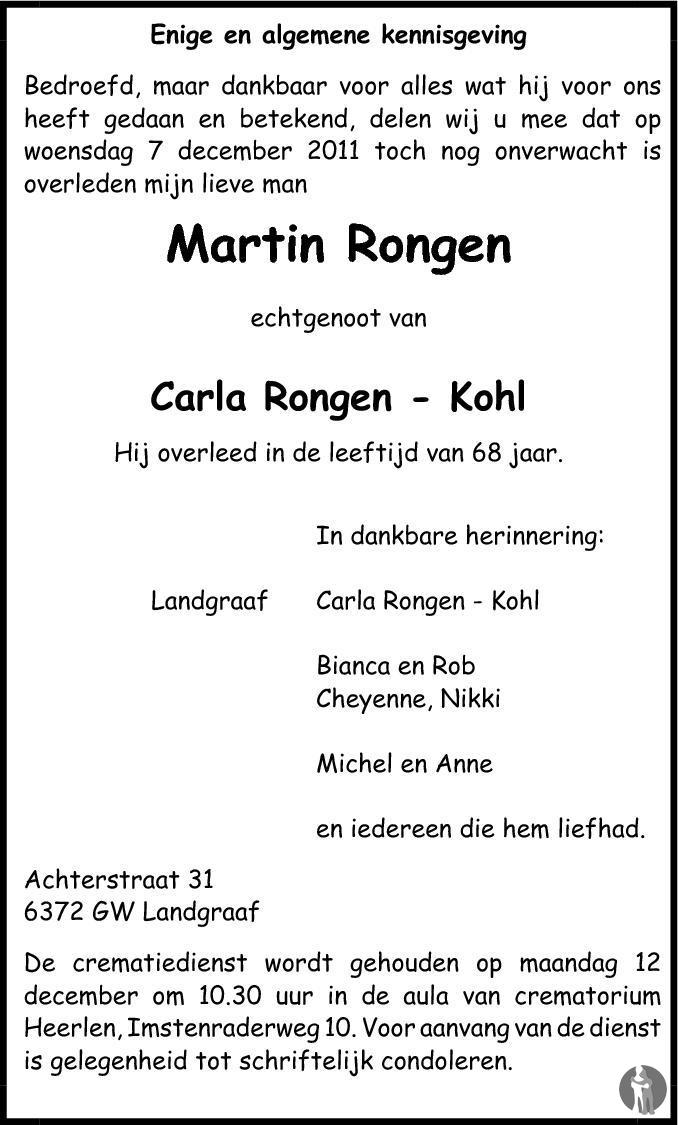 Martin Rongen 07-12-2011 overlijdensbericht en condoleances - Mensenlinq.nl