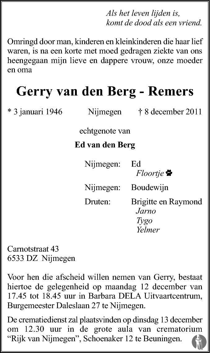 Gerry van den Berg - Remers 08-12-2011 overlijdensbericht en ...