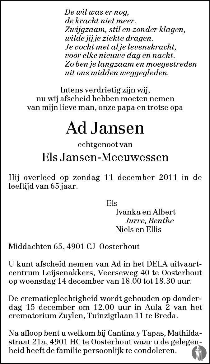 Ad Jansen 11-12-2011 overlijdensbericht en condoleances - Mensenlinq.nl