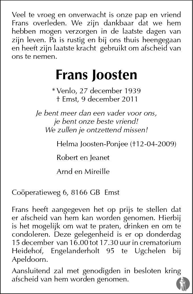 Frans Joosten 09-12-2011 overlijdensbericht en condoleances - Mensenlinq.nl