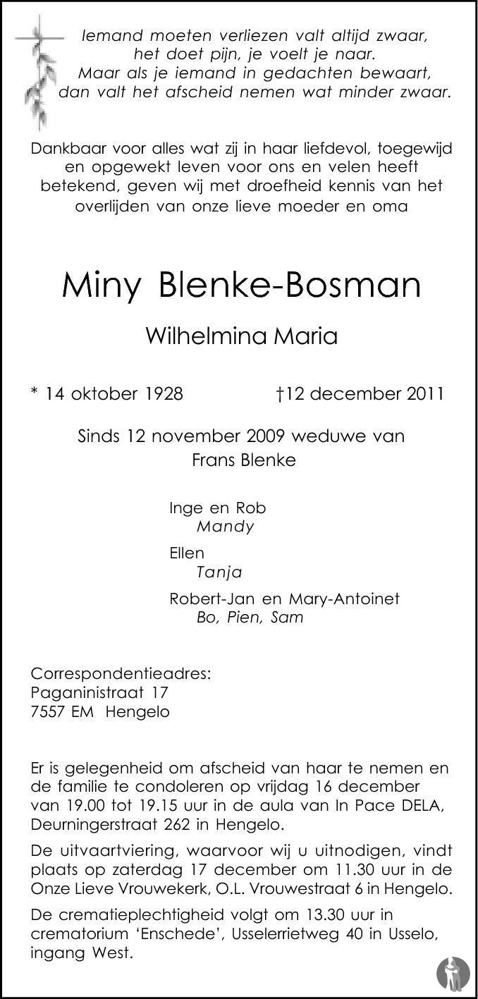 Overlijdensbericht van Wilhelmina Maria (Miny)  Blenke - Bosman in Tubantia