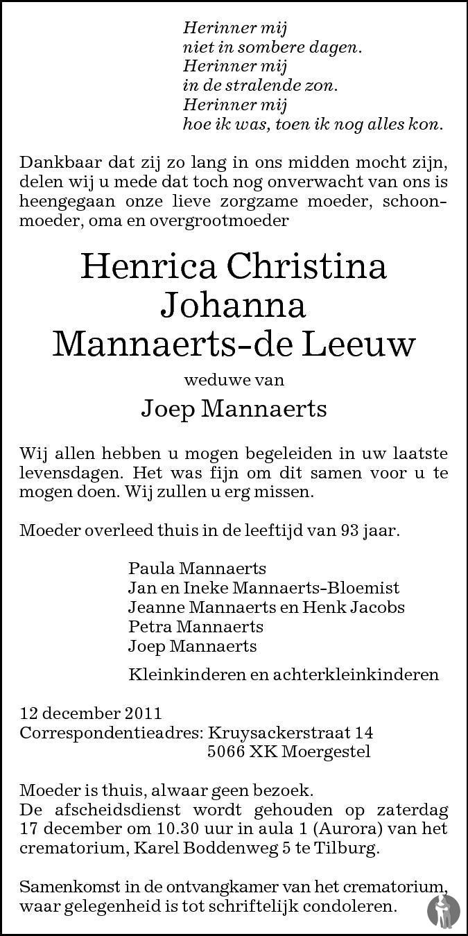 Overlijdensbericht van Henrica Christina Johanna Mannaerts - de Leeuw in Brabants Dagblad