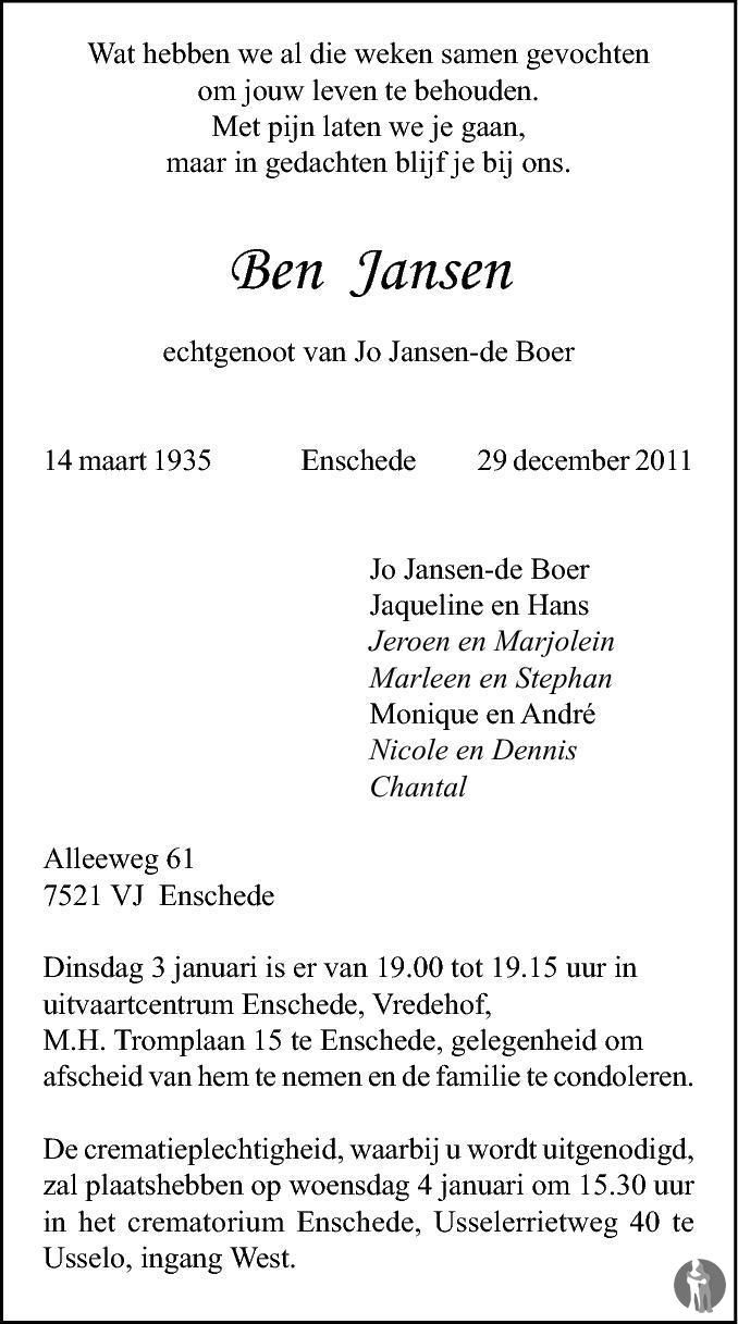 Ben Jansen 29-12-2011 overlijdensbericht en condoleances - Mensenlinq.nl