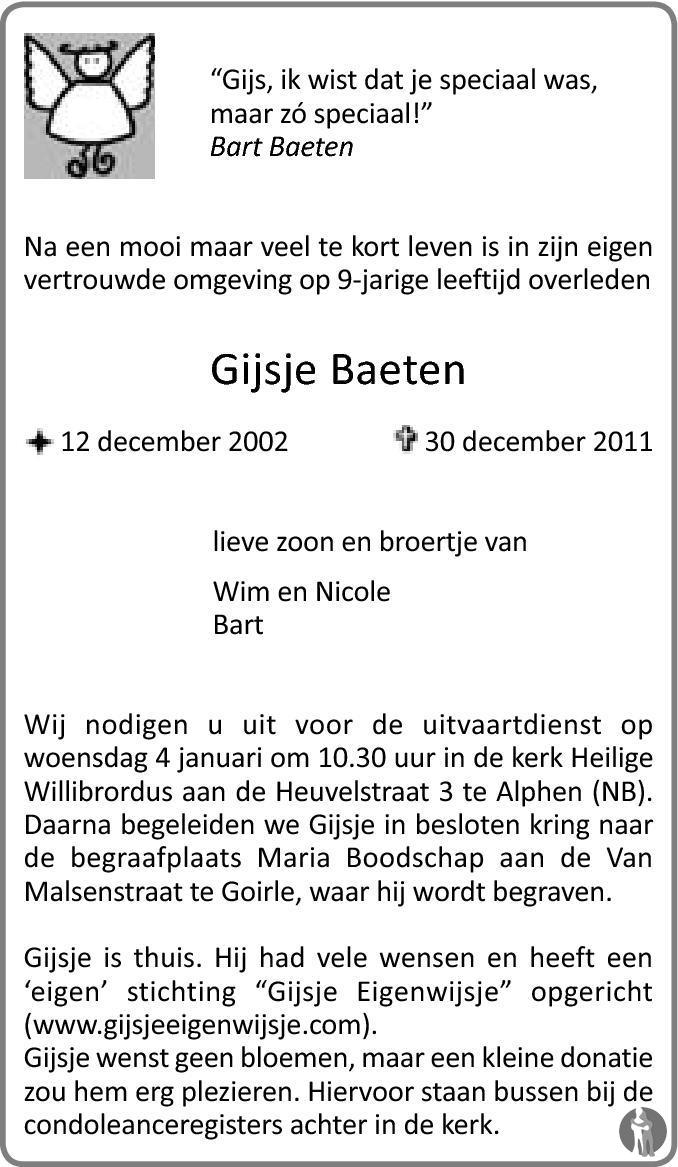 Gijsje Baeten 30 12 2011 Overlijdensbericht En Condoleances Mensenlinq Nl