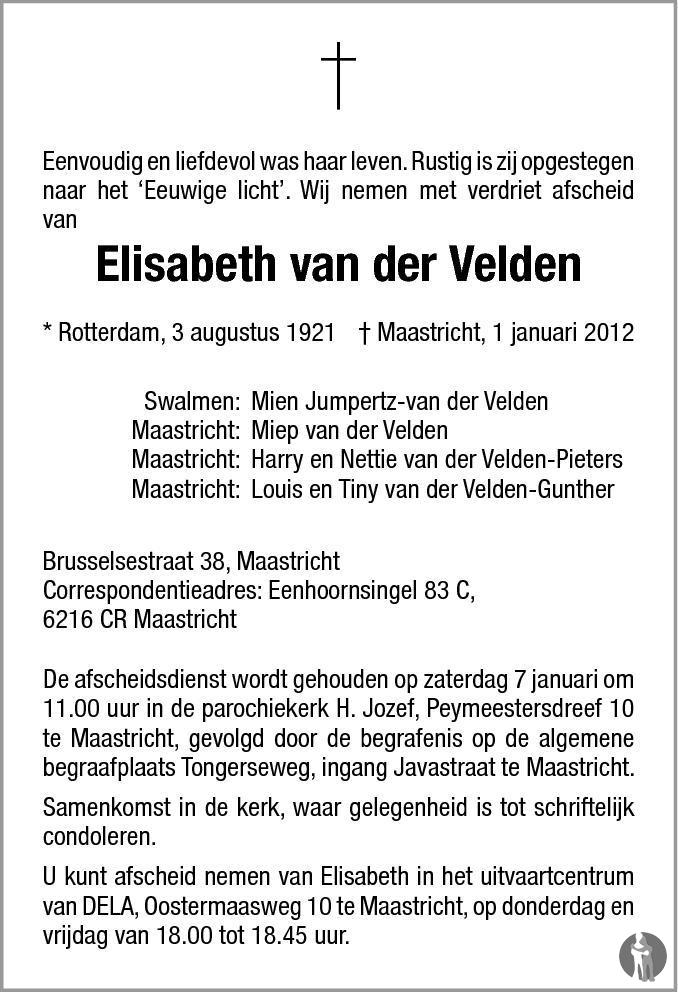 Elisabeth van der Velden 01012012 overlijdensbericht en condoleances Mensenlinq.nl