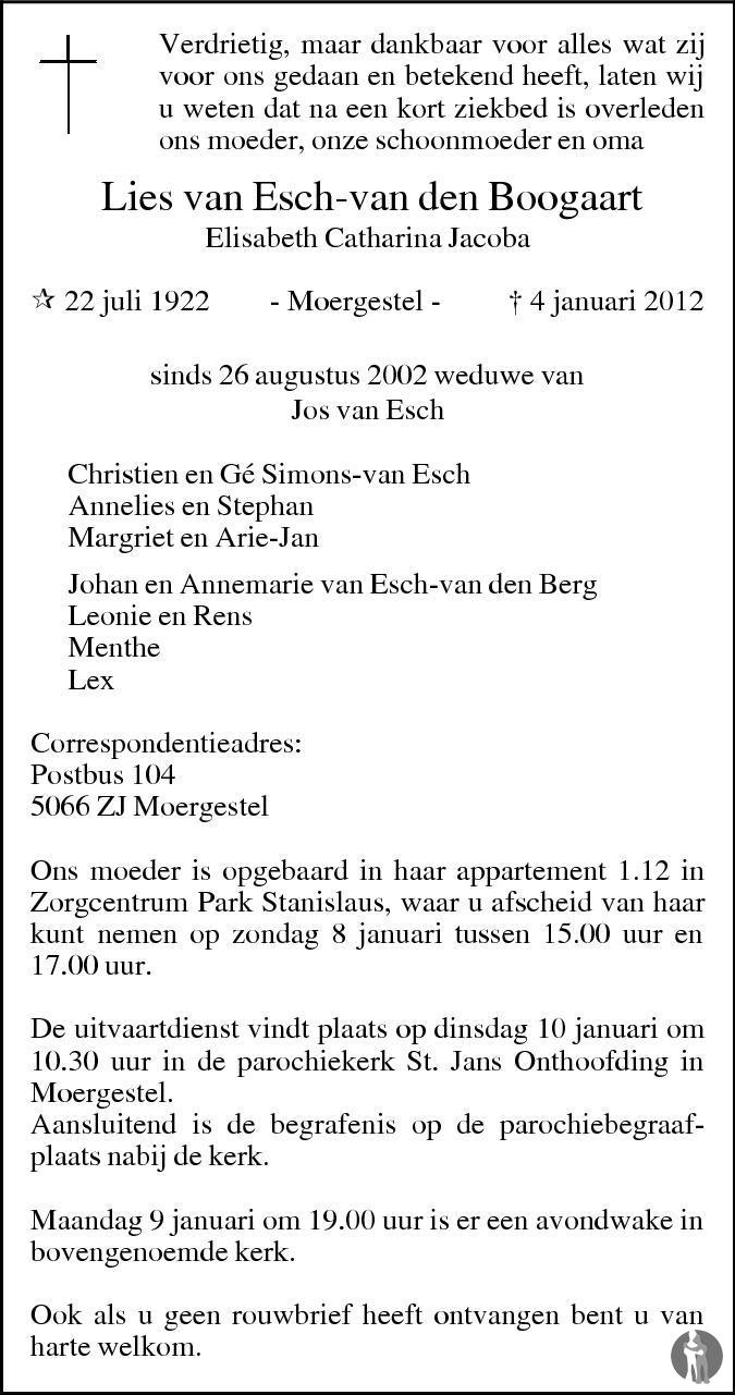 Overlijdensbericht van Elisabeth Catharina Jacoba (Lies) van Esch - van den Boogaart in Brabants Dagblad