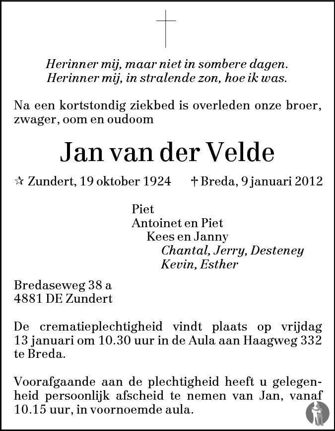 Jan van der Velde 09012012 overlijdensbericht en condoleances Mensenlinq.nl