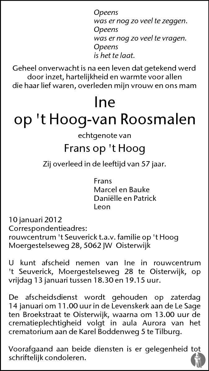 Ine op 't Hoog - van Roosmalen 10-01-2012 overlijdensbericht en ...