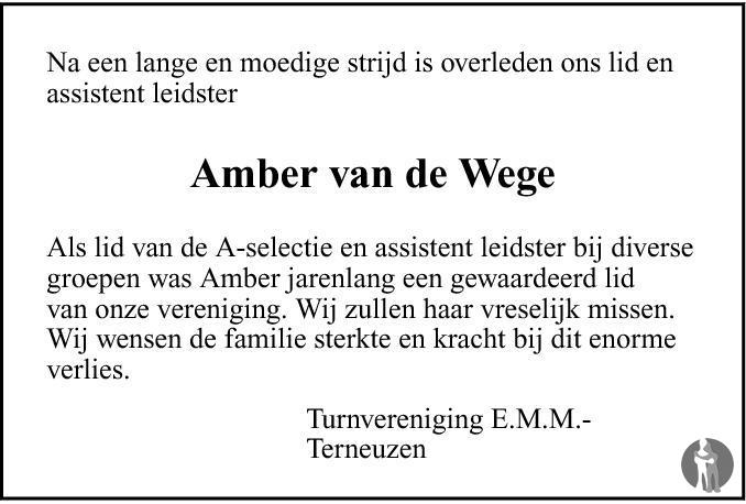Overlijdensbericht van Amber Soraya (Amber) van de Wege in PZC Provinciale Zeeuwse Courant
