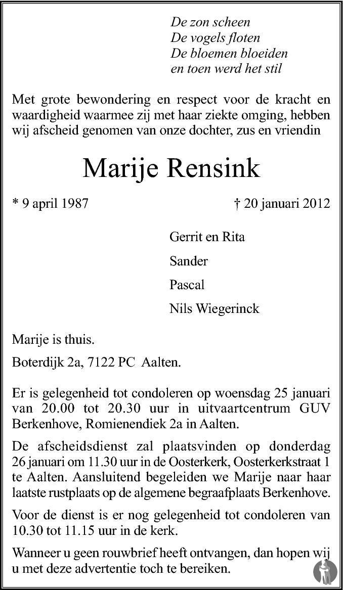 Marije Rensink 20-01-2012 overlijdensbericht en condoleances ...