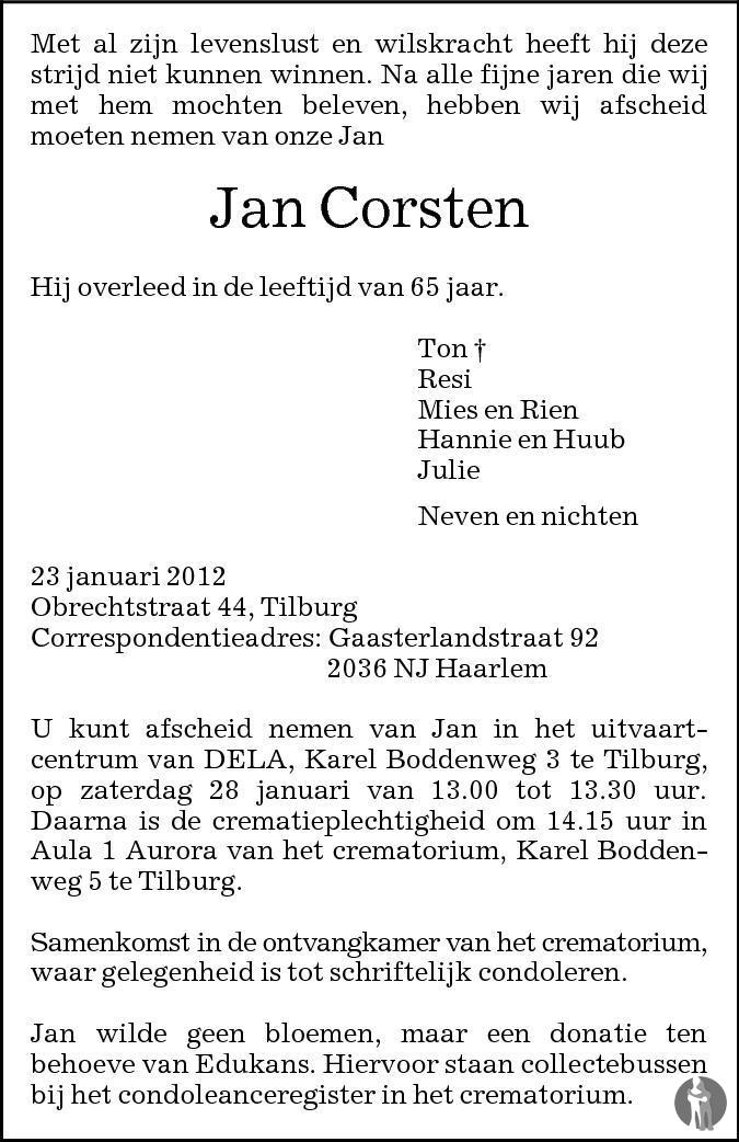 Jan Corsten 23-01-2012 Overlijdensbericht En Condoleances - Mensenlinq.nl