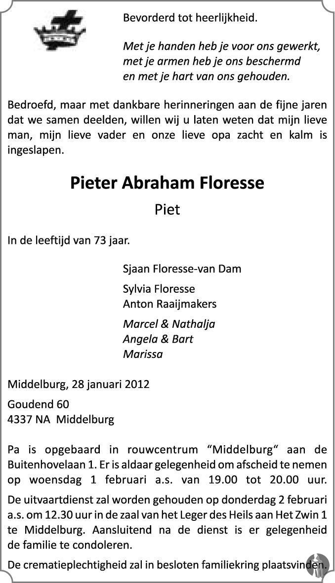 Overlijdensbericht van Pieter Abraham (Piet)  Floresse in PZC Provinciale Zeeuwse Courant