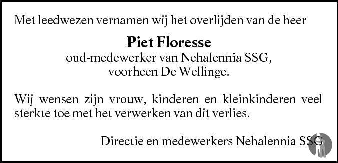 Overlijdensbericht van Pieter Abraham (Piet) Floresse in PZC Provinciale Zeeuwse Courant