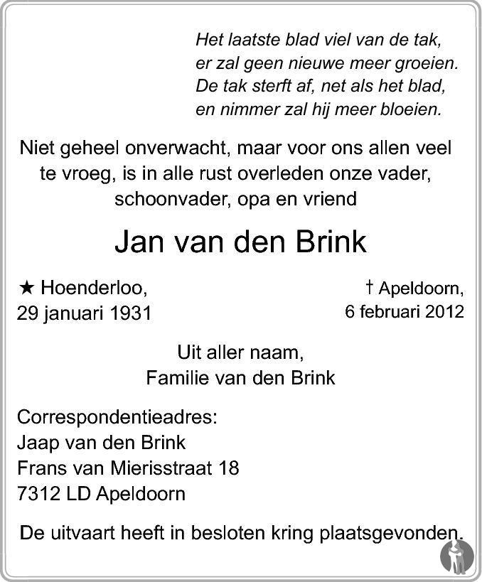 Jan van den Brink 06-02-2012 overlijdensbericht en condoleances ...