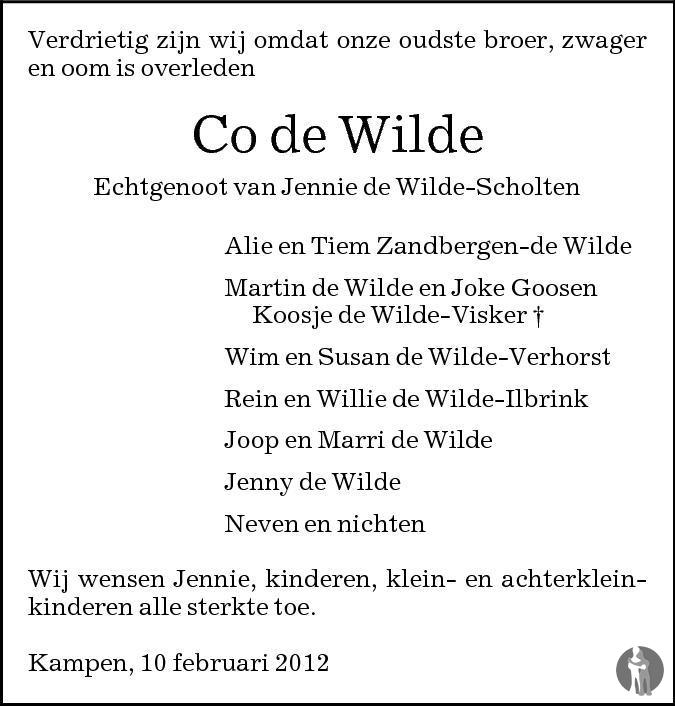 Jacobus (Co) de Wilde 10022012 overlijdensbericht en condoleances