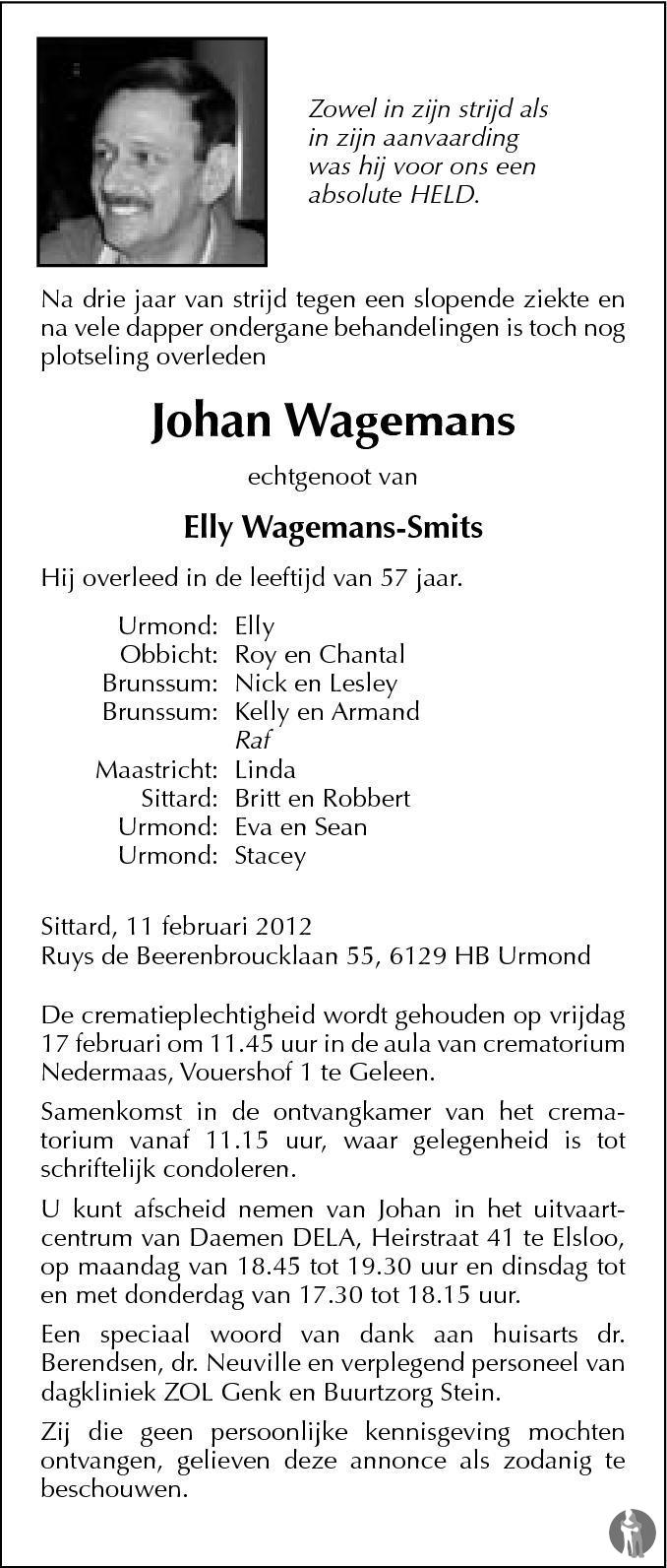 Johan Wagemans 11022012 overlijdensbericht en condoleances