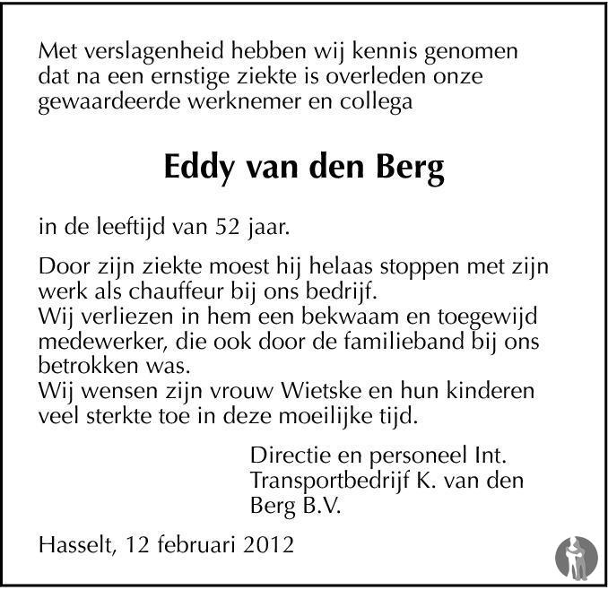 Monteur Boost Kruiden Eddy van de Berg ✝ 12-02-2012 overlijdensbericht en condoleances -  Mensenlinq.nl
