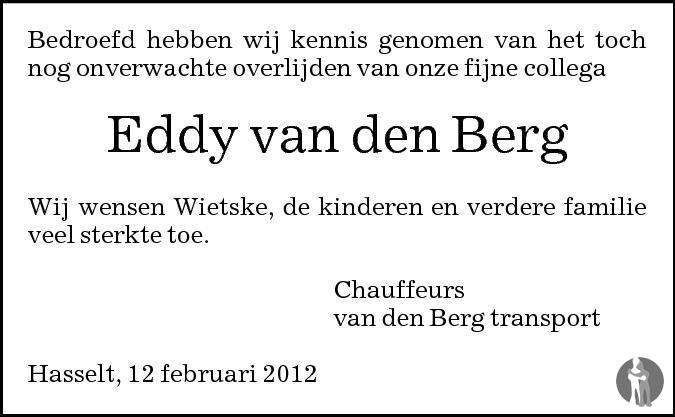 Monteur Boost Kruiden Eddy van de Berg ✝ 12-02-2012 overlijdensbericht en condoleances -  Mensenlinq.nl