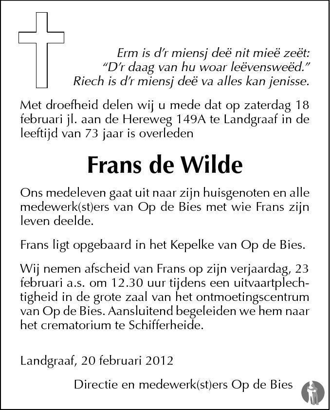 Frans de Wilde 20022012 overlijdensbericht en condoleances