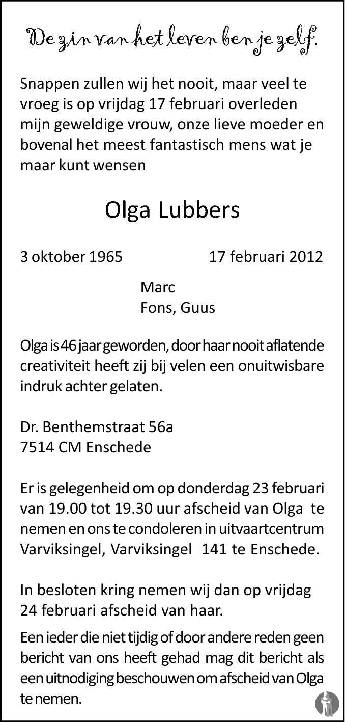 Olga Lubbers Overlijdensbericht En Condoleances Mensenlinq Nl