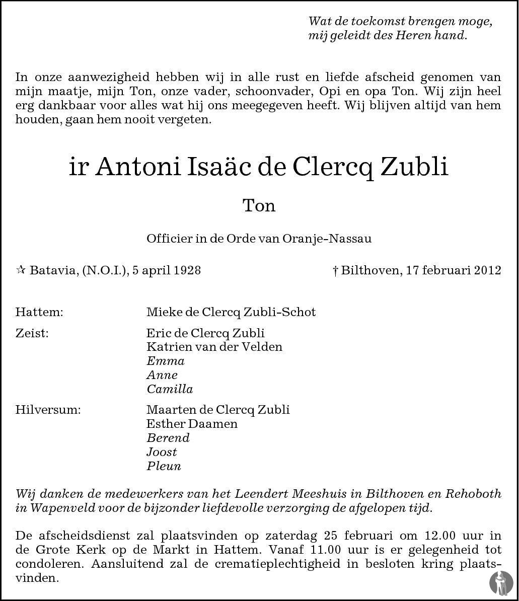 Overlijdensbericht van Ir. Antoni Isaäc (Ton) de Clercq Zubli in de Stentor