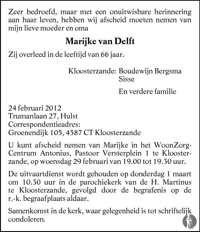 Marijke van Delft 24-02-2012 overlijdensbericht en condoleances ...