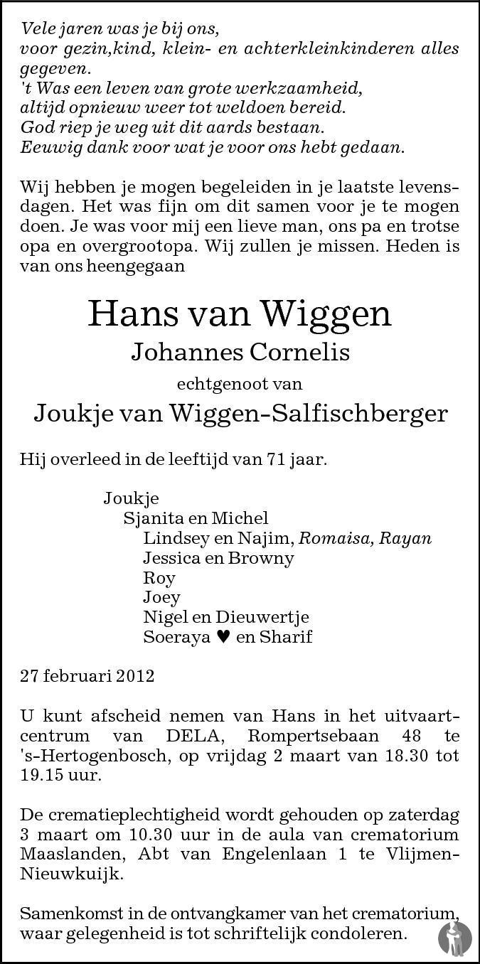 Hans van Wiggen 27-02-2012 overlijdensbericht en condoleances