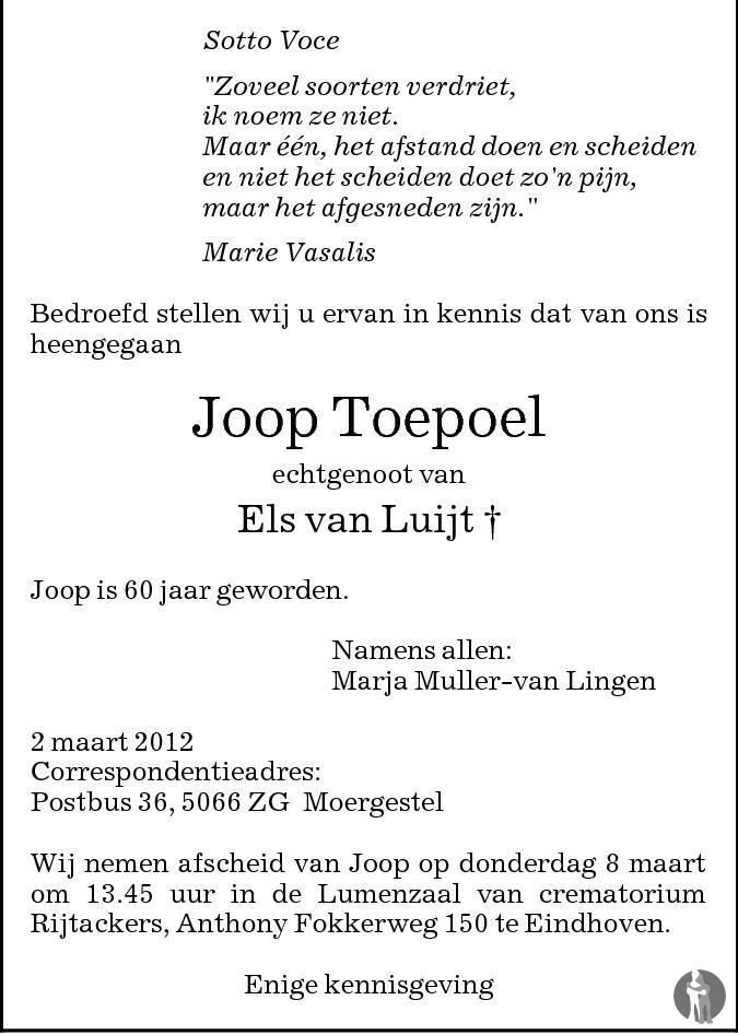 Overlijdensbericht van Joop  Toepoel in Eindhovens Dagblad