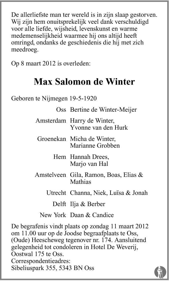 Vuilnisbak Varen Guinness Max Salomon de Winter ✝ 08-03-2012 overlijdensbericht en condoleances -  Mensenlinq.nl
